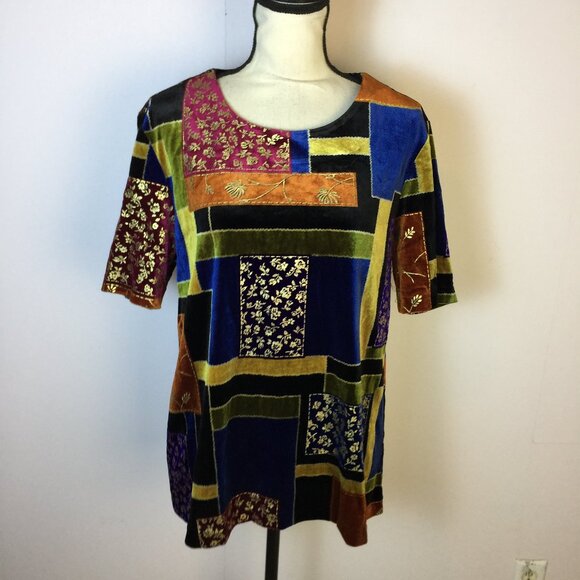 Blair Blouse Top Size L Womans Multicolor Patchwork Stretch Velvet Short Sleeve - Picture 1 of 14